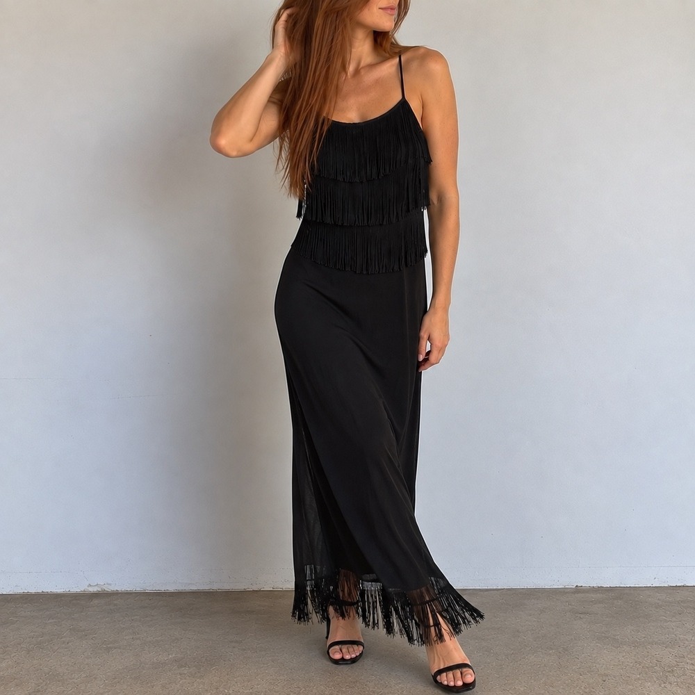 SAM Black Fringe Mesh Maxi Dress Tiered Bodice Small Y2K Goth Witchy